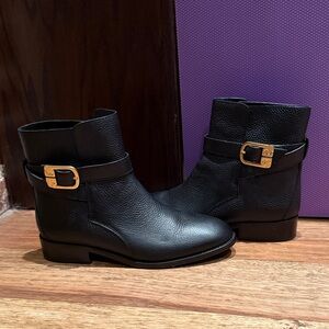 Black Leather Ankle Tory Burch Boots with Gold Buckle